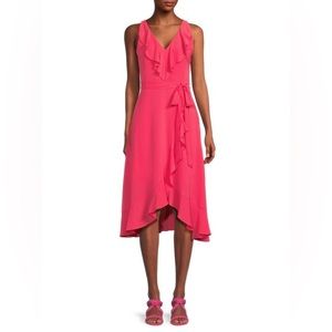 NWT Kensie Belted Ruffle Asymmetric Midi Dress Size 4 in Watermelon